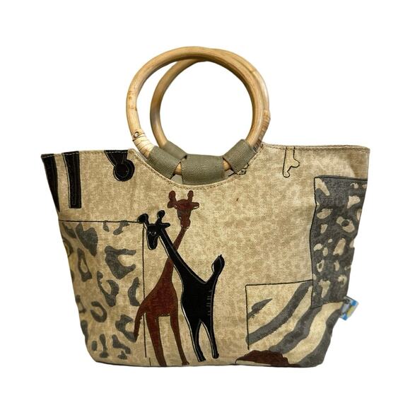 Sun N Sand Small Tote Bag - Unique Giraffe & Zebra Print, Wood Handle - Picture 1 of 10